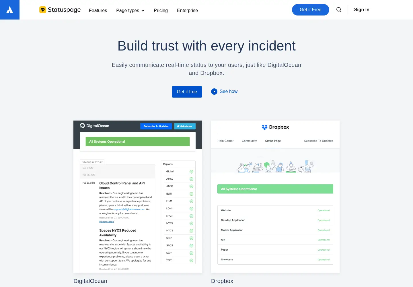 Screenshot of statuspage.io