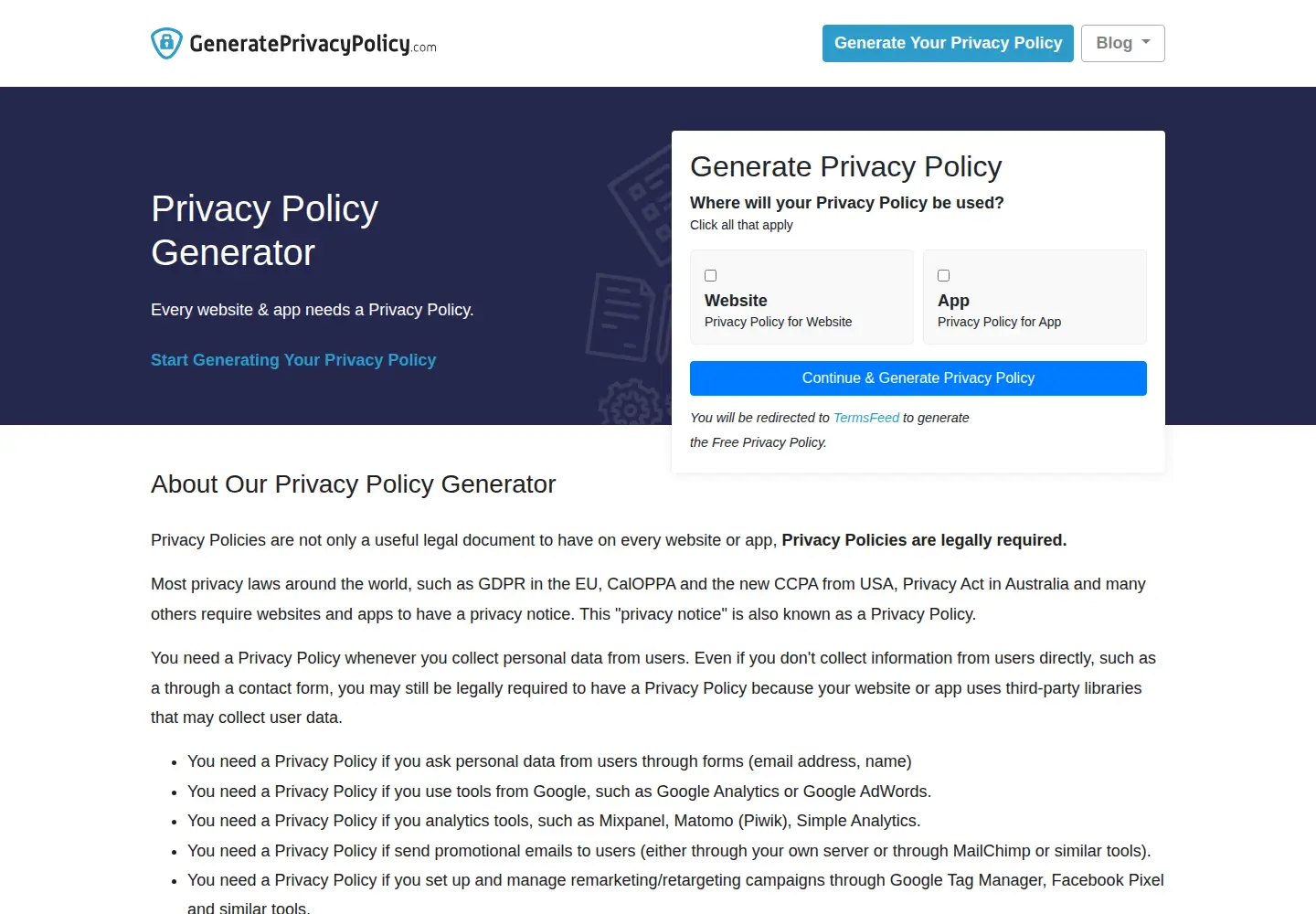 Screenshot of generateprivacypolicy.com