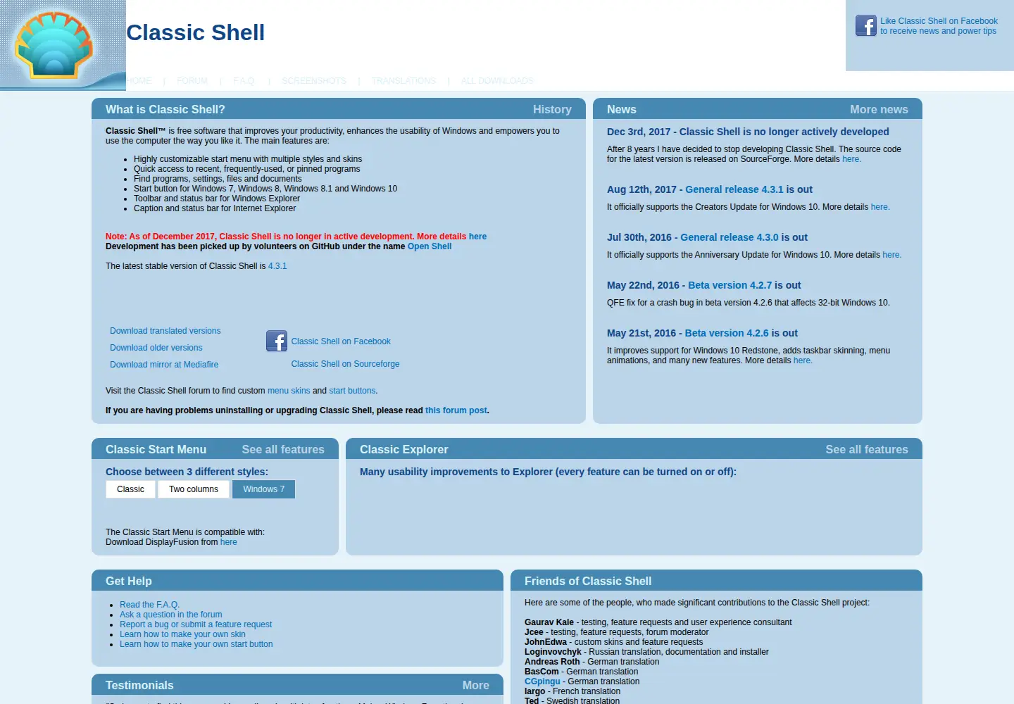 Screenshot of classicshell.net