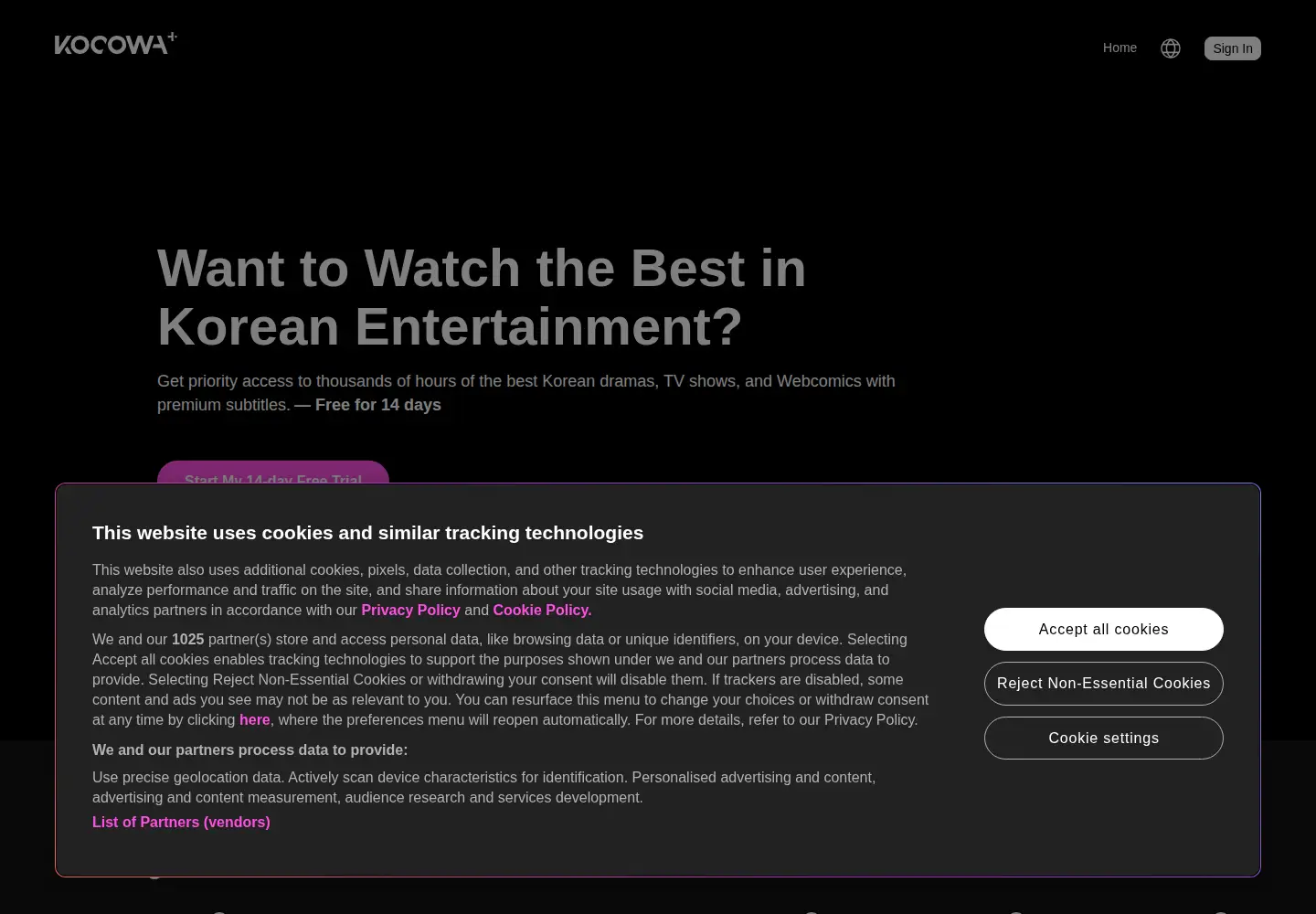 Screenshot of kocowa.com