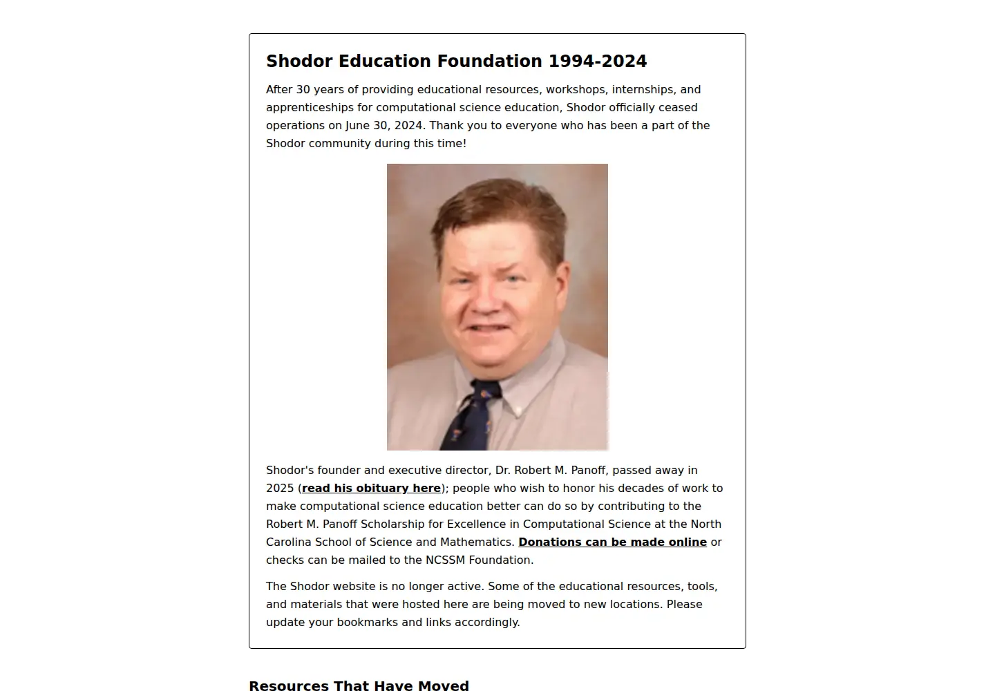 Captured homepage of shodor.org in the current scan