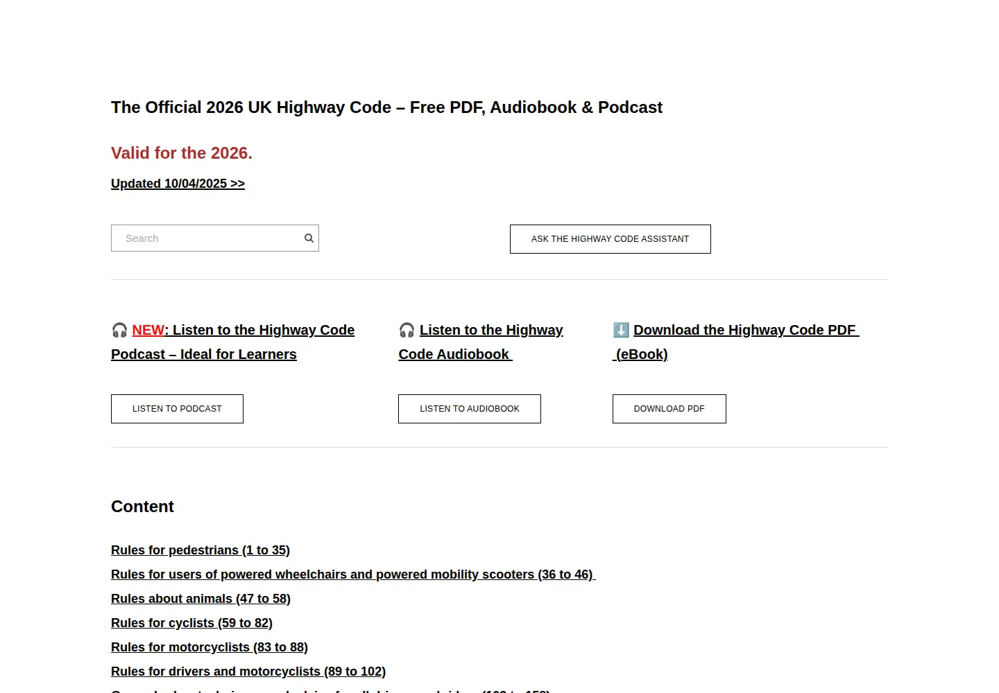 Screenshot of highwaycodeuk.co.uk