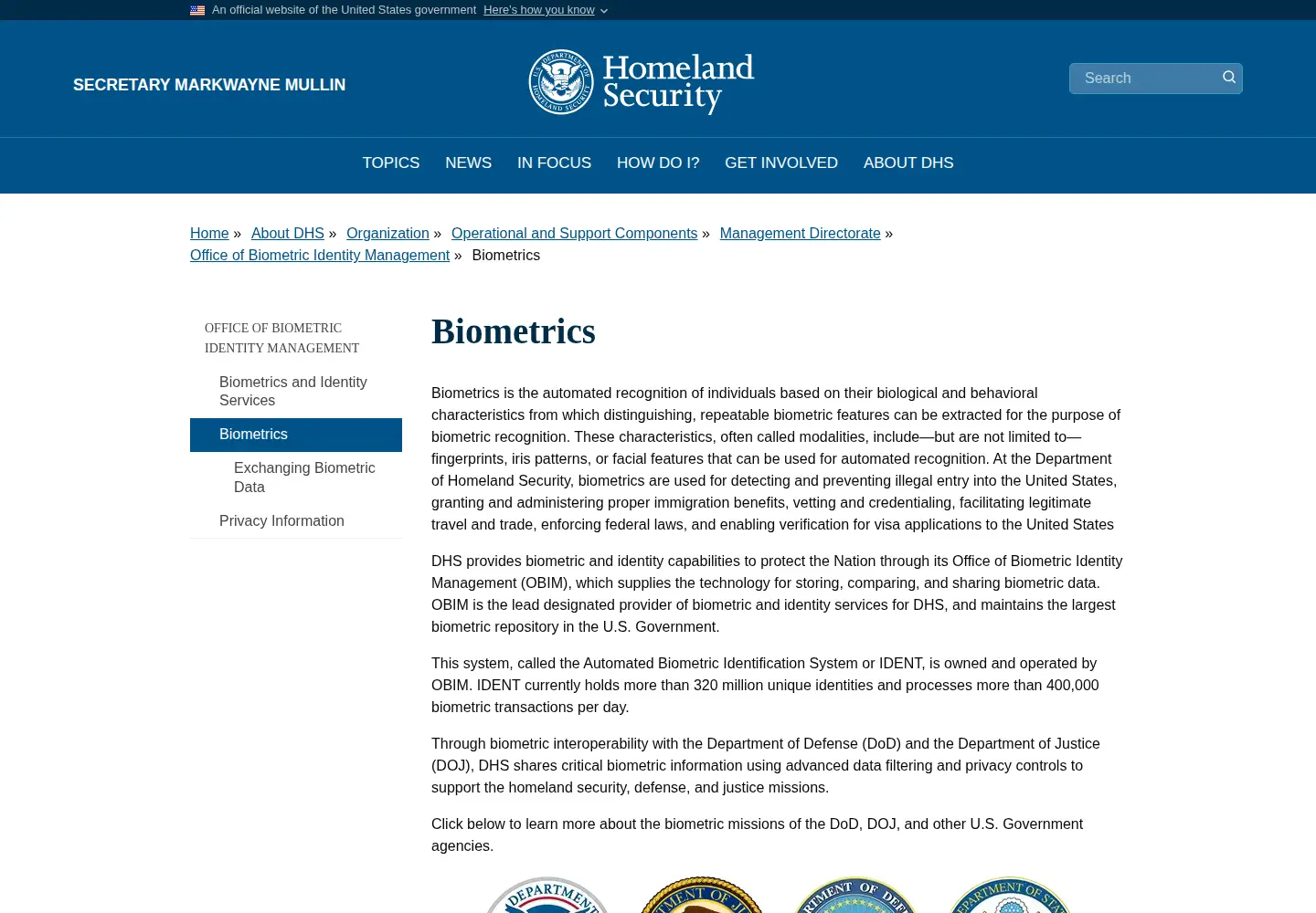Screenshot of biometrics.gov