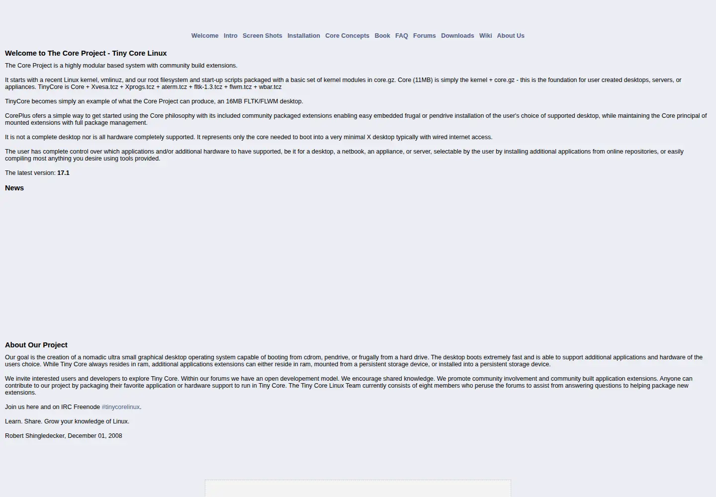 Screenshot of tinycorelinux.net