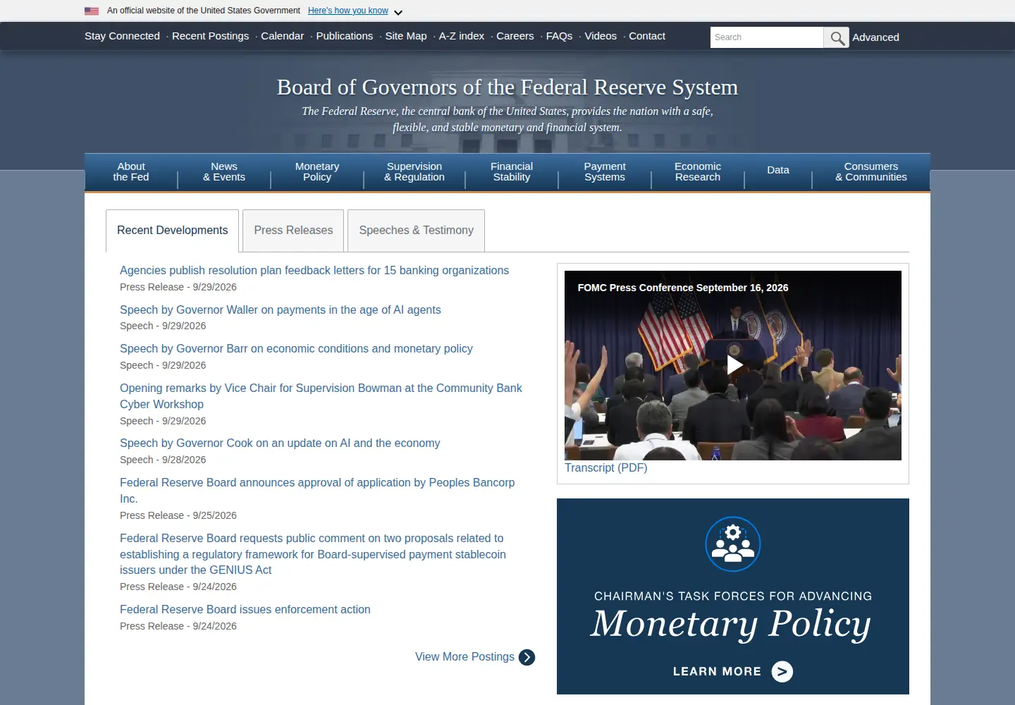 Screenshot of federalreserve.gov