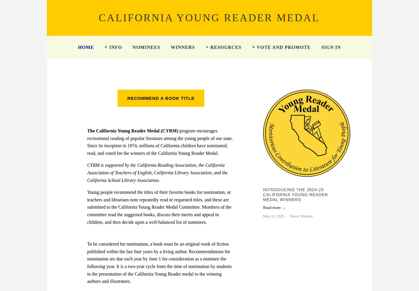 Screenshot of californiayoungreadermedal.org