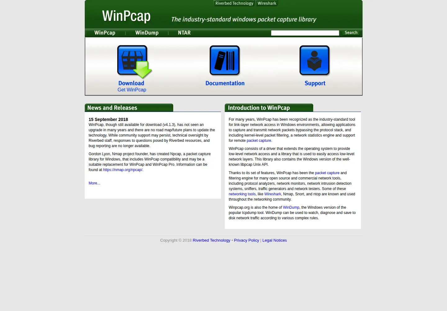 Captured homepage of winpcap.org in the current scan