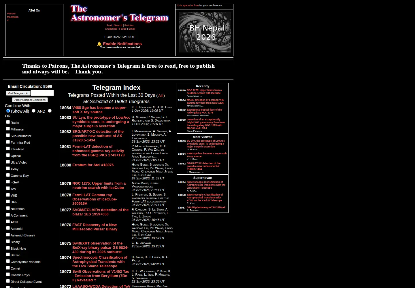 Screenshot of astronomerstelegram.org