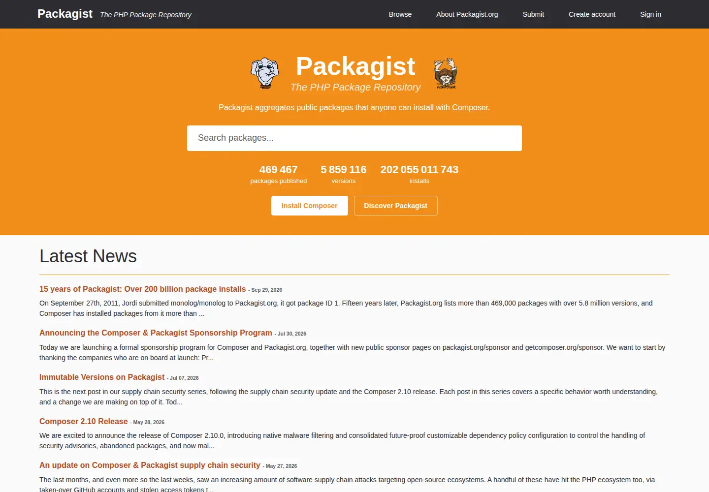 Screenshot of packagist.org