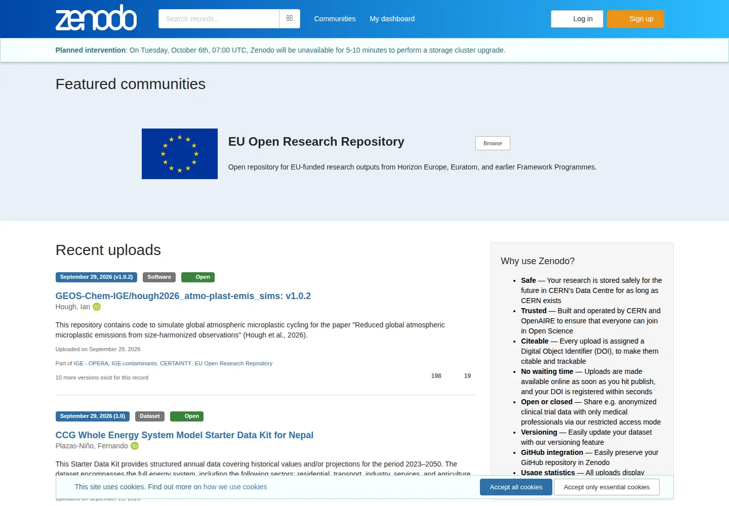 Screenshot of zenodo.org