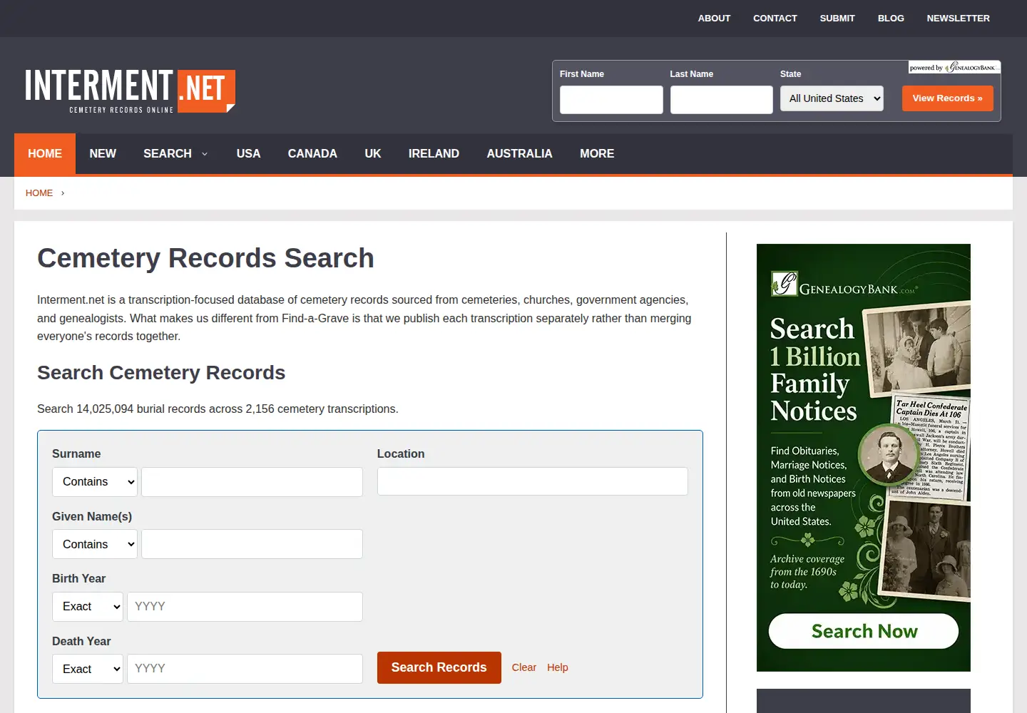 Screenshot of interment.net
