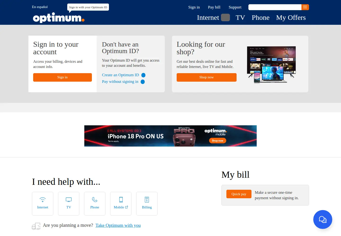 Screenshot of optimum.net