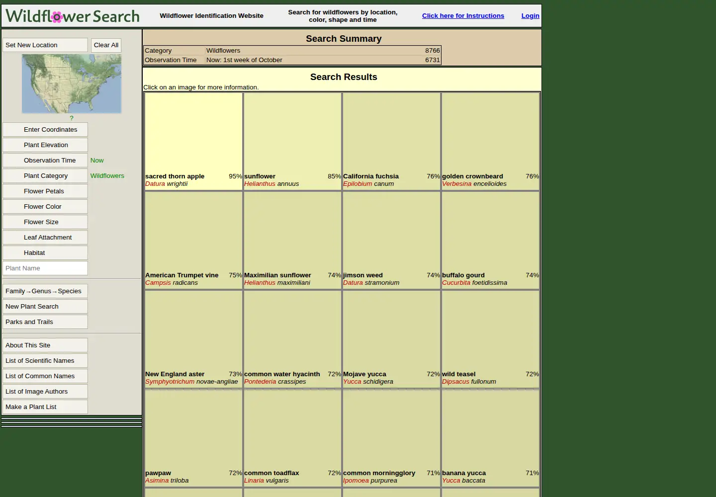 Captured homepage of wildflowersearch.org in the current scan