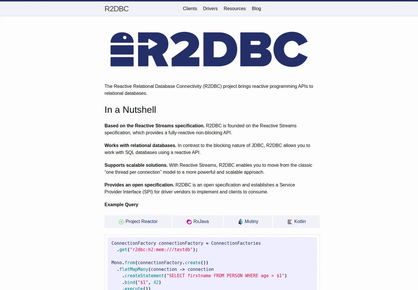 Screenshot of r2dbc.io