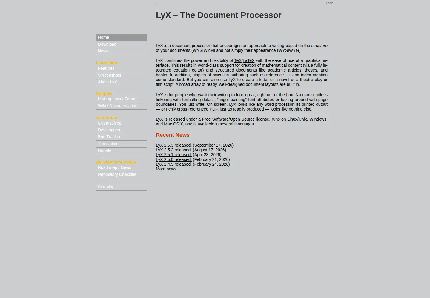 Screenshot of lyx.org