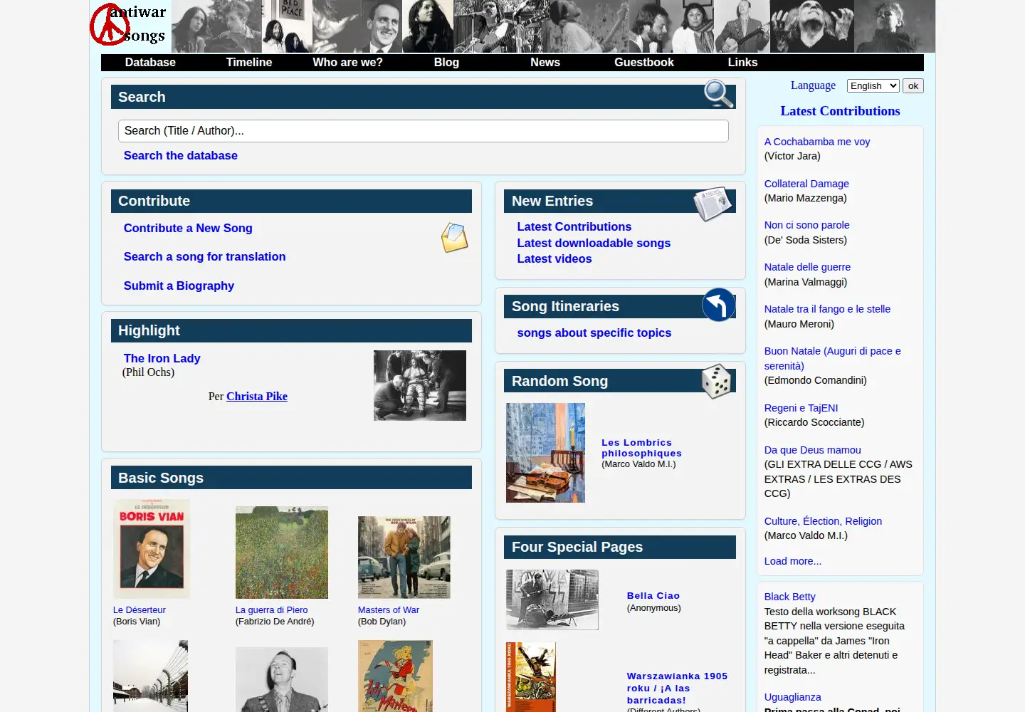 Screenshot of antiwarsongs.org