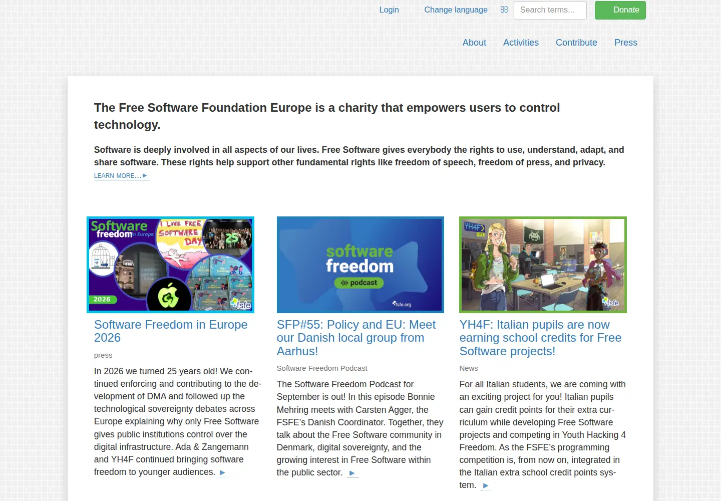 Captured homepage of fsfeurope.org in the current scan