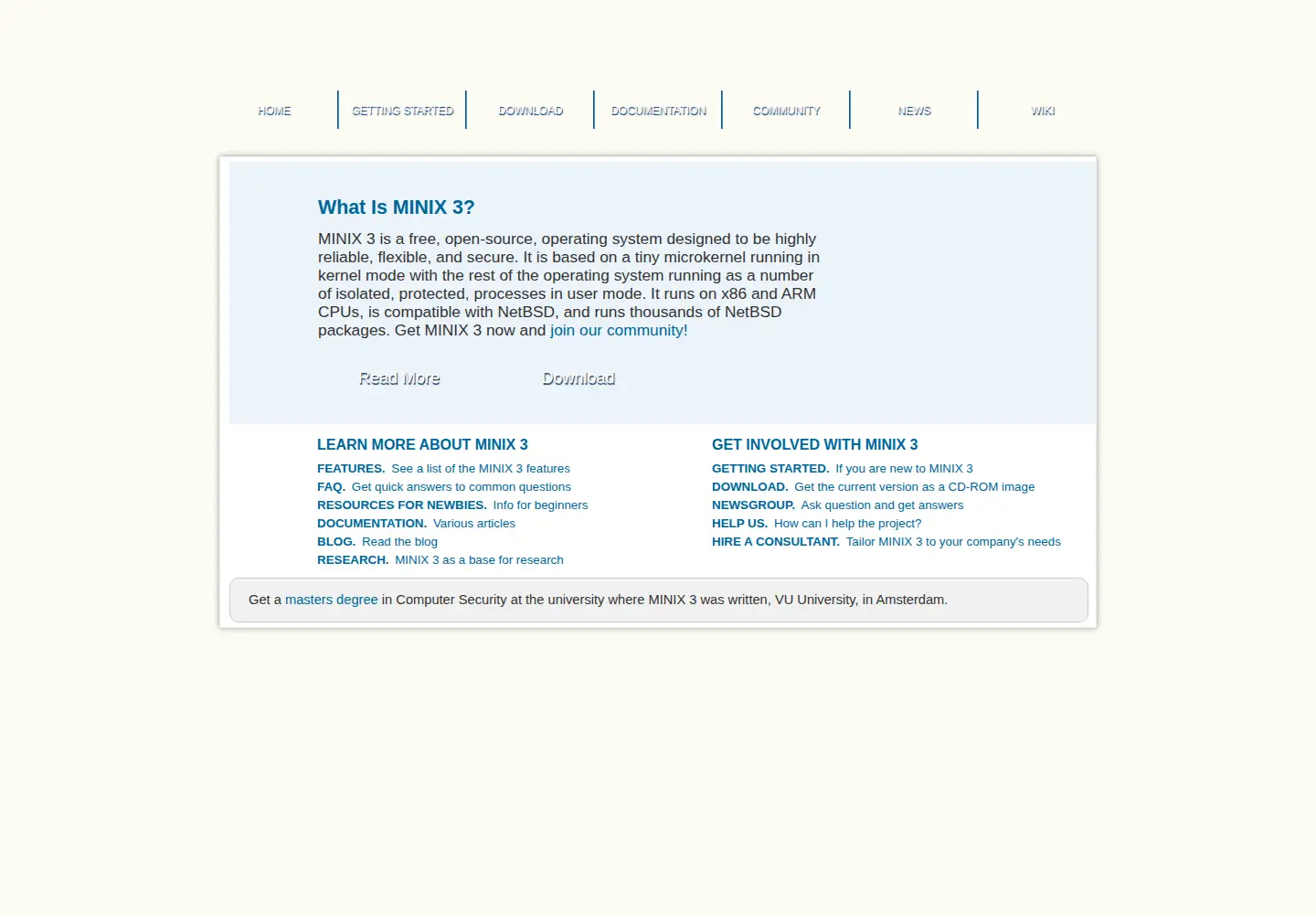 Captured homepage of minix3.org in the current scan