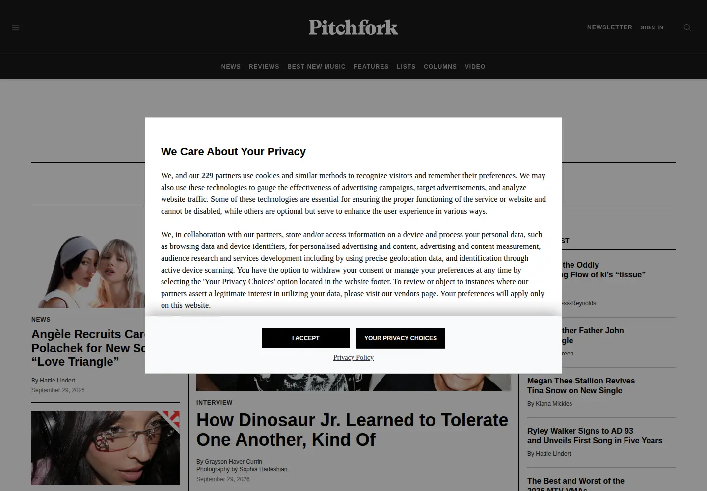 Screenshot of pitchfork.com