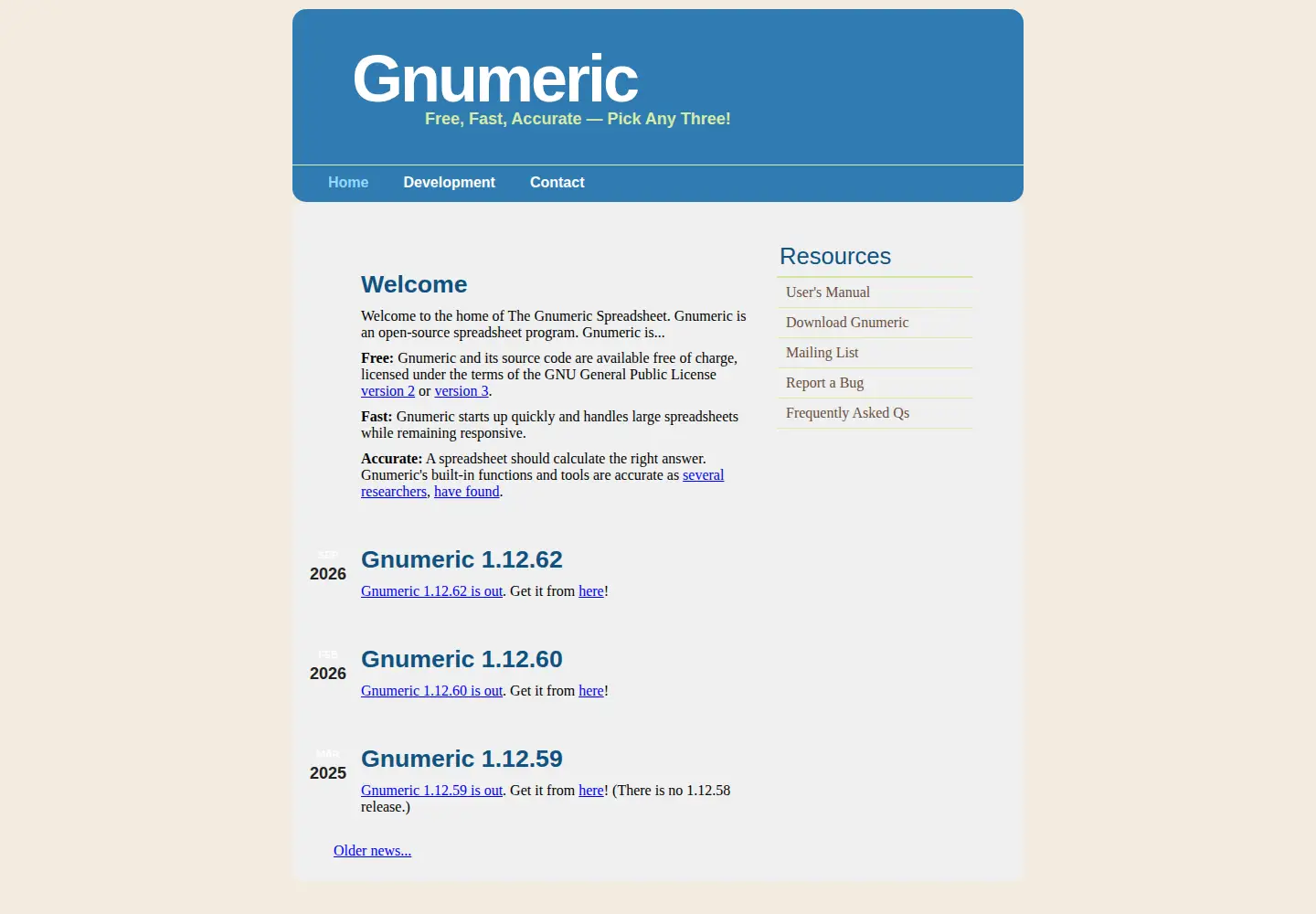 Screenshot of gnumeric.org