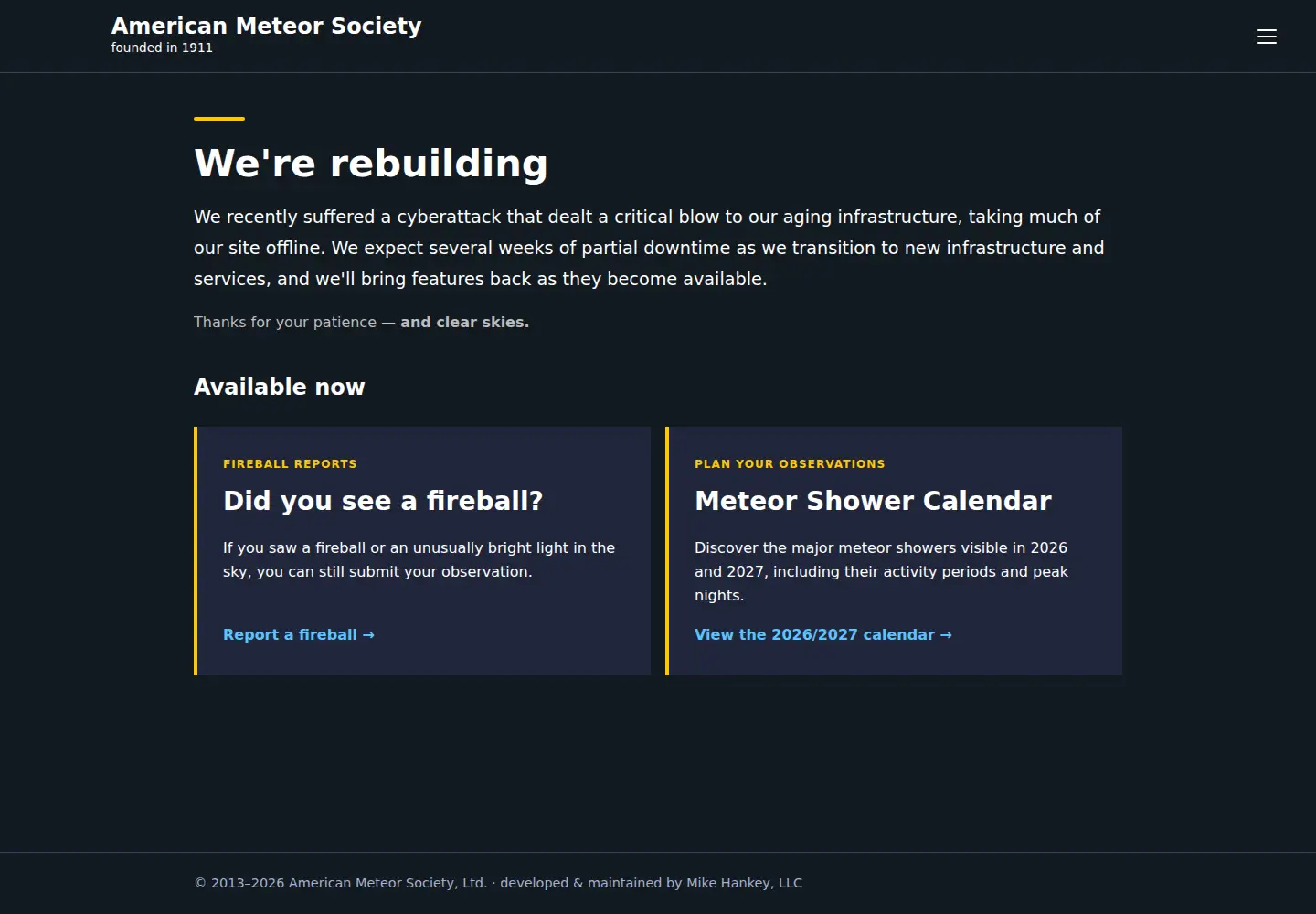 Screenshot of amsmeteors.org