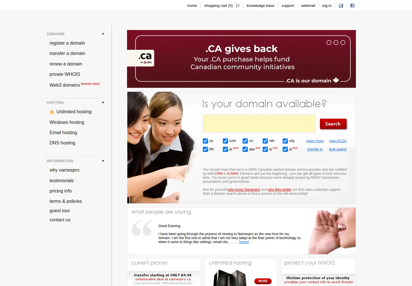 Screenshot of namespro.ca