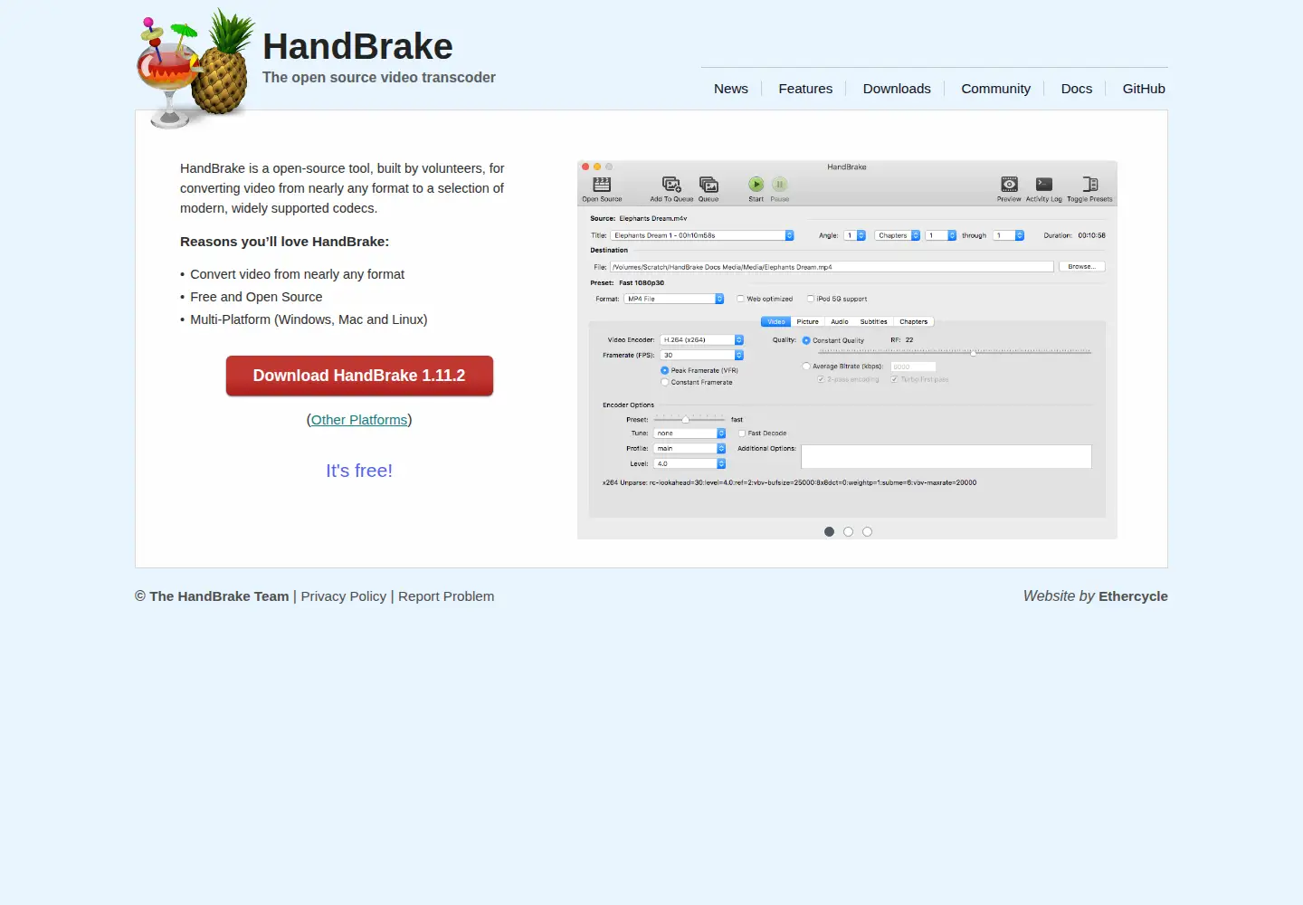 Screenshot of handbrake.fr