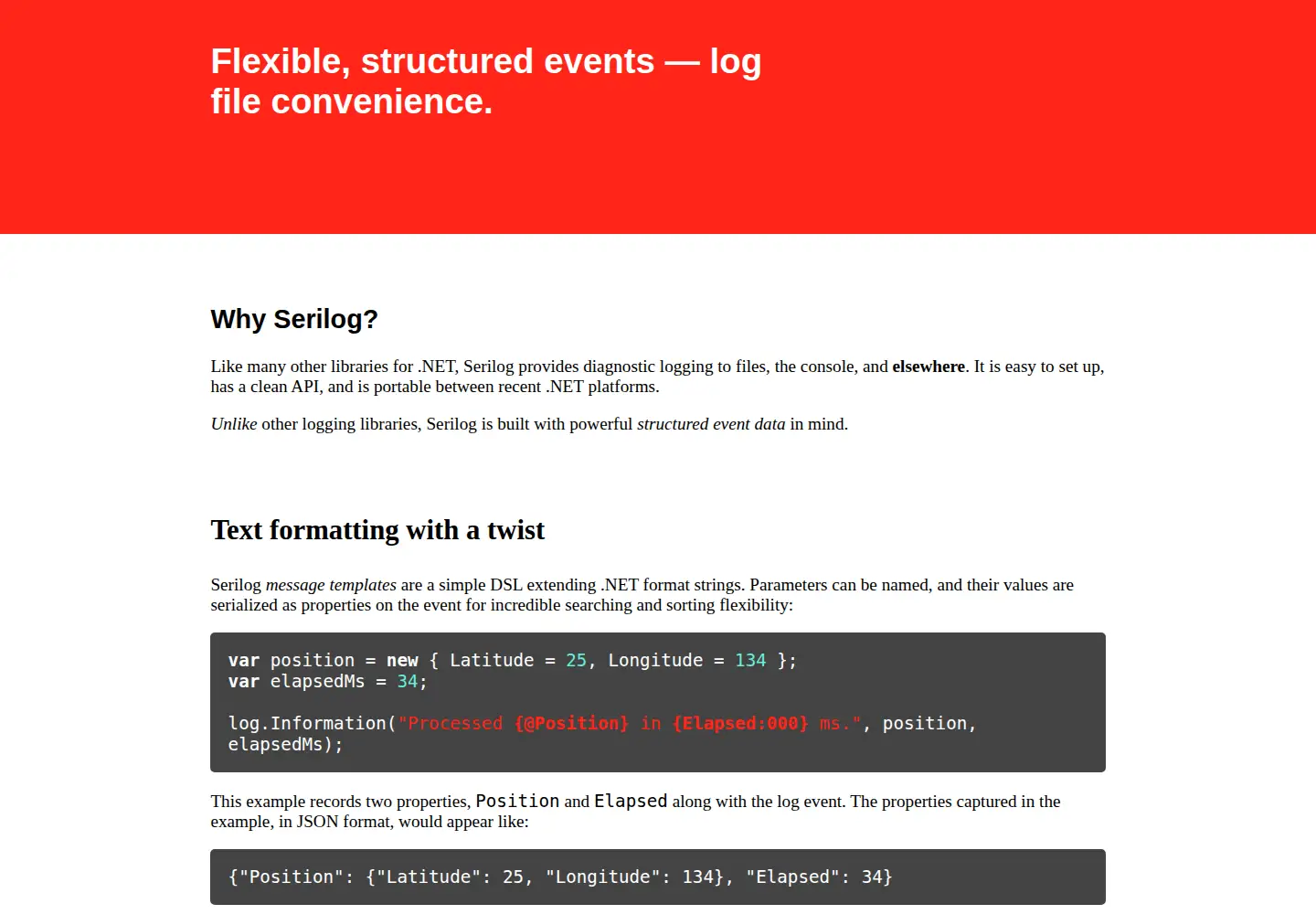 Screenshot of serilog.net