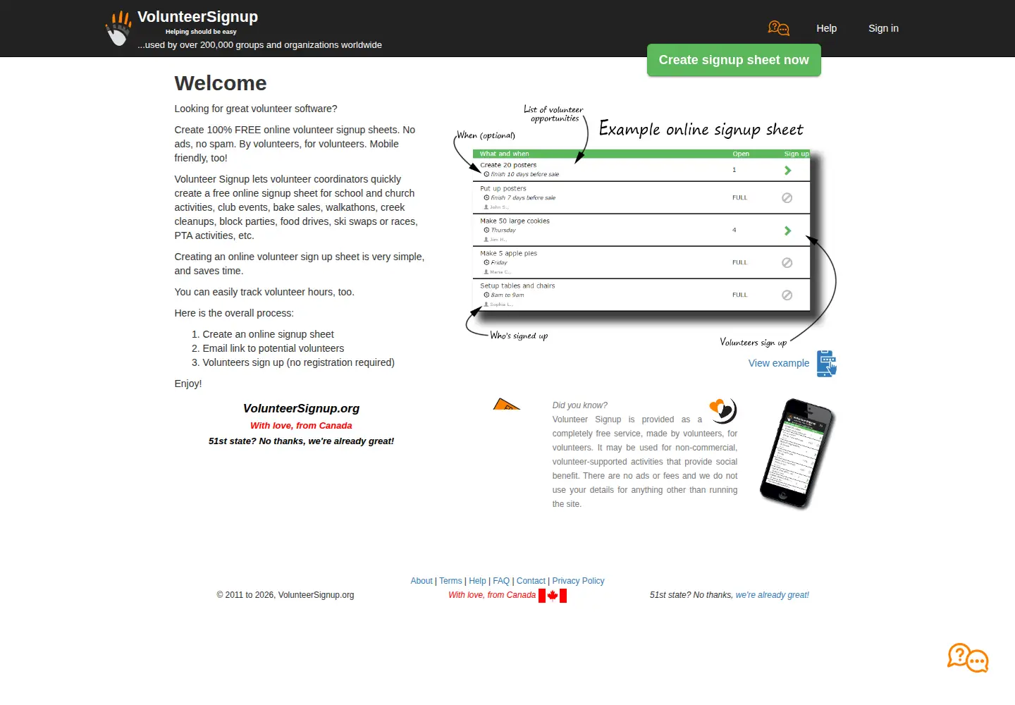 Screenshot of volunteersignup.org