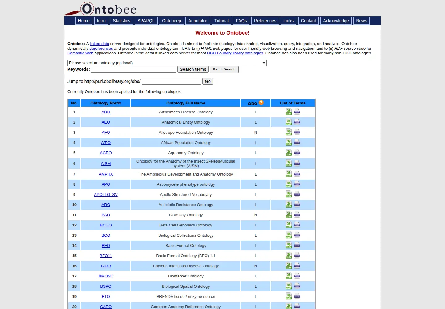 Captured homepage of ontobee.org in the current scan