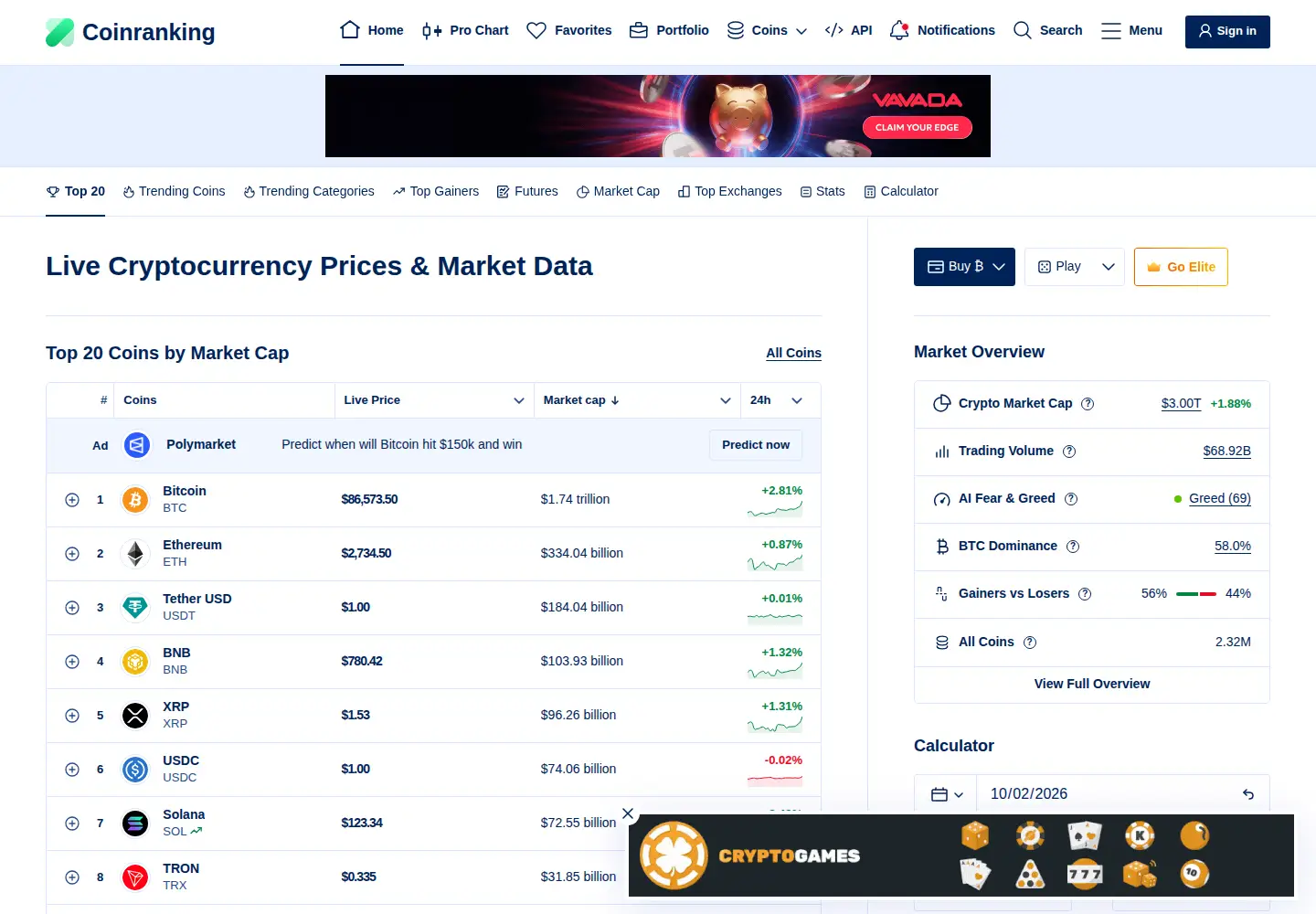 Screenshot of coinranking.com
