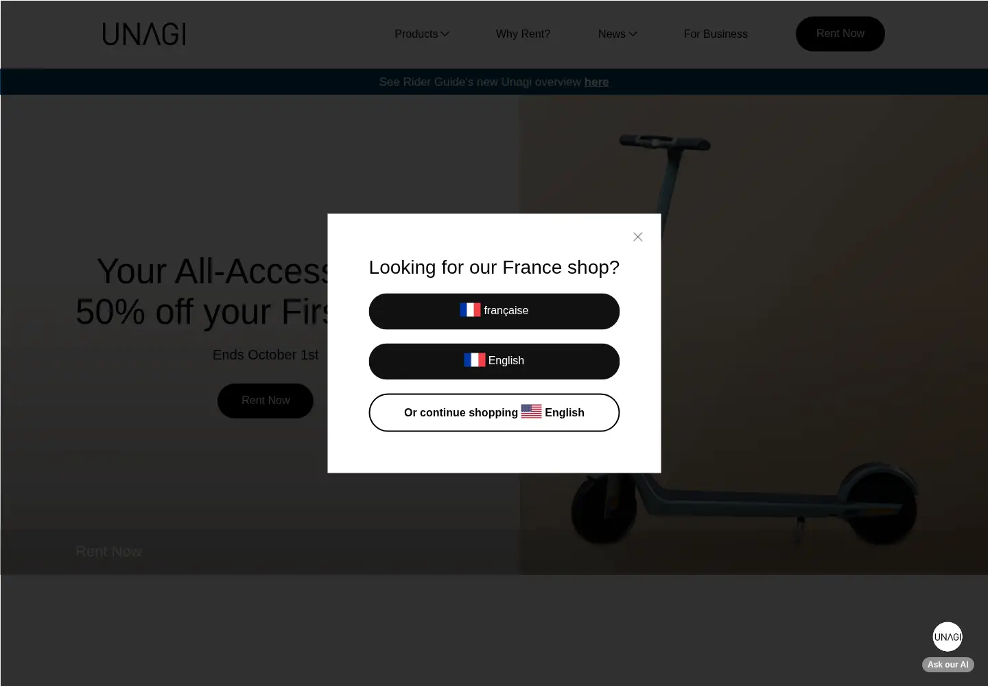 Screenshot of unagiscooters.com
