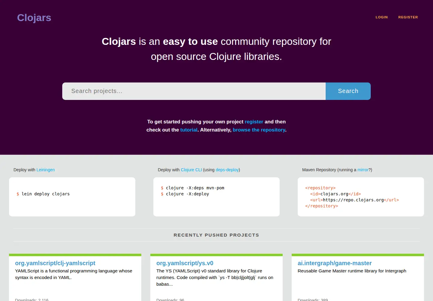 Screenshot of clojars.org
