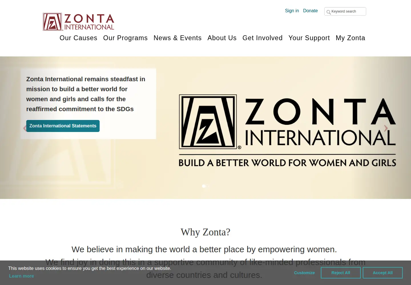 Captured homepage of zonta.org in the current scan