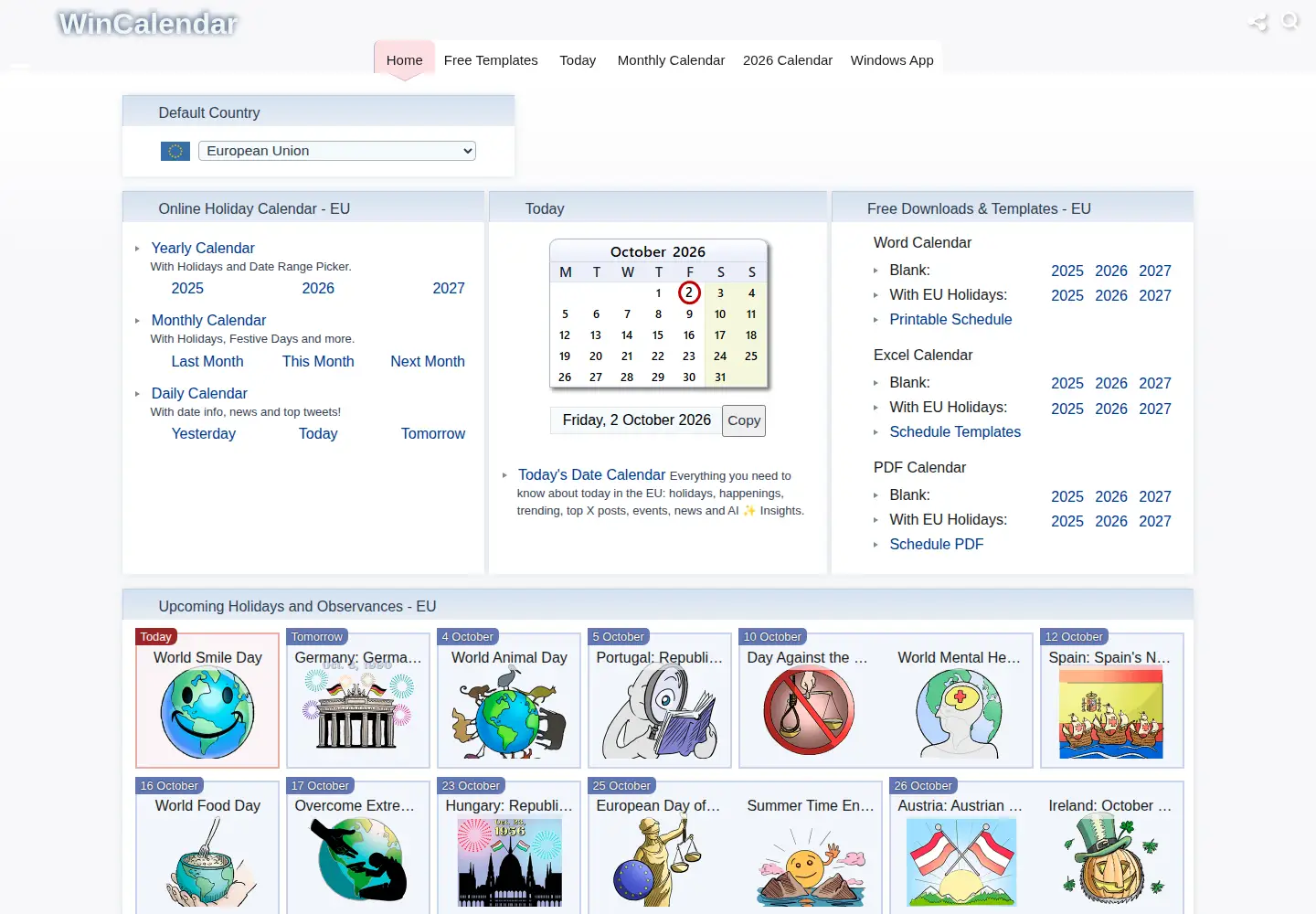 Screenshot of wincalendar.com