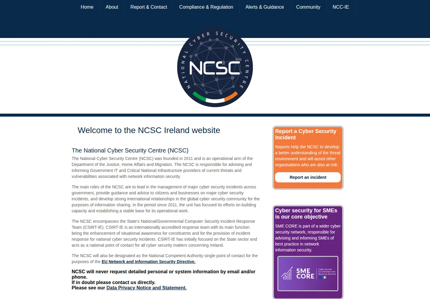 Captured homepage of ncsc.gov.ie in the current scan