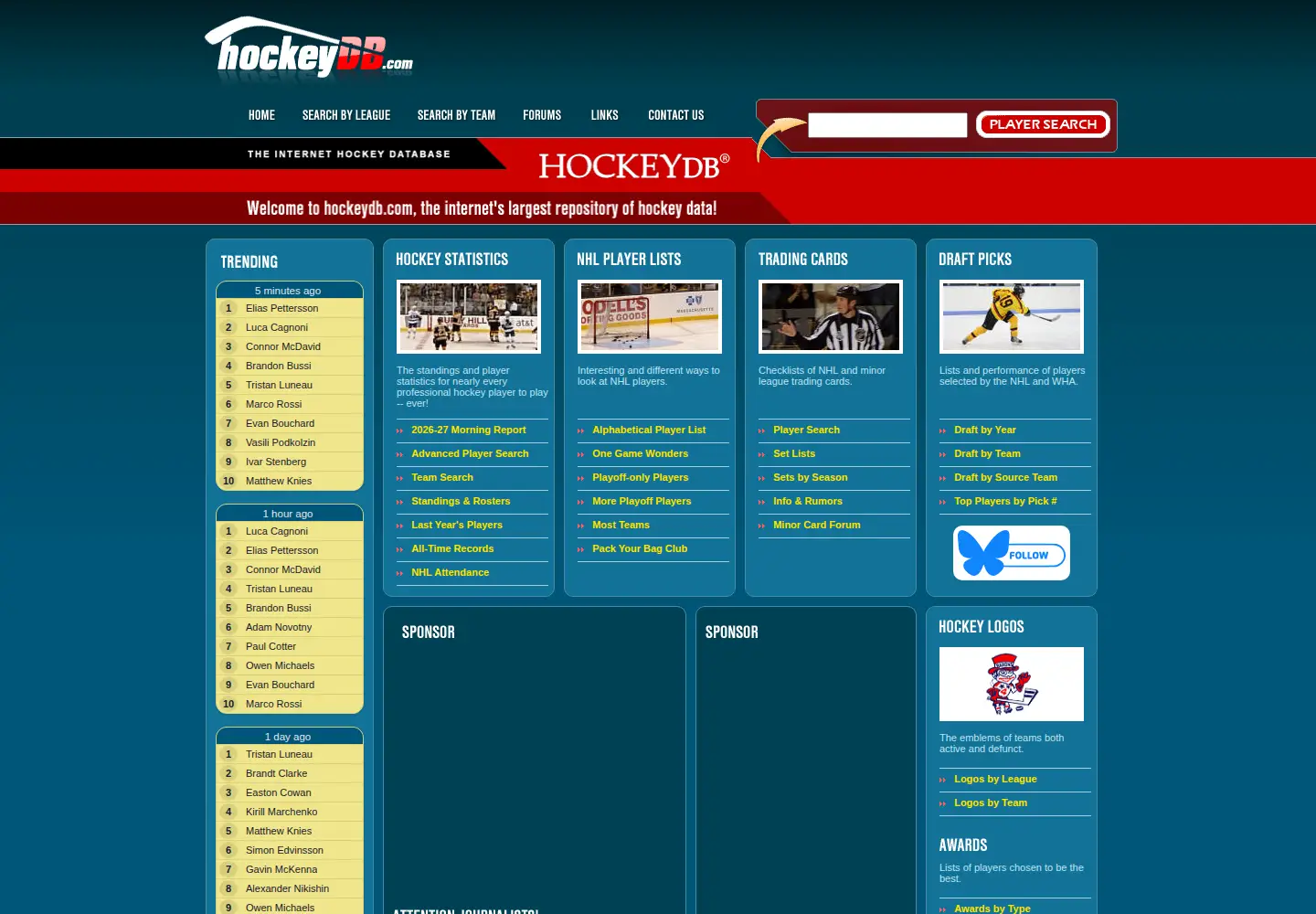 Screenshot of hockeydb.com