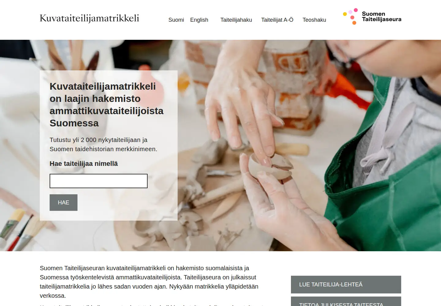 Captured homepage of kuvataiteilijamatrikkeli.fi in the current scan