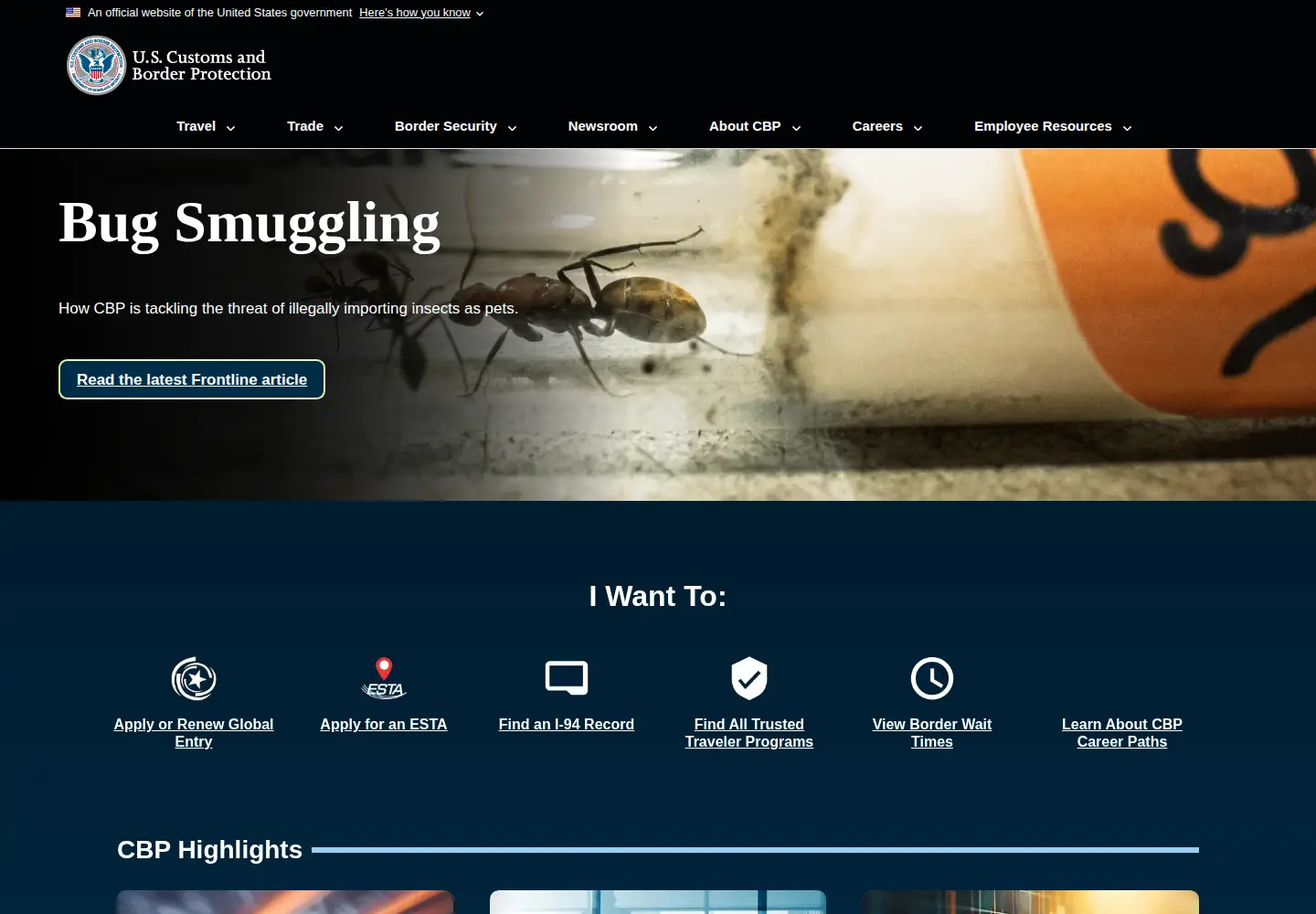 Screenshot of cbp.gov