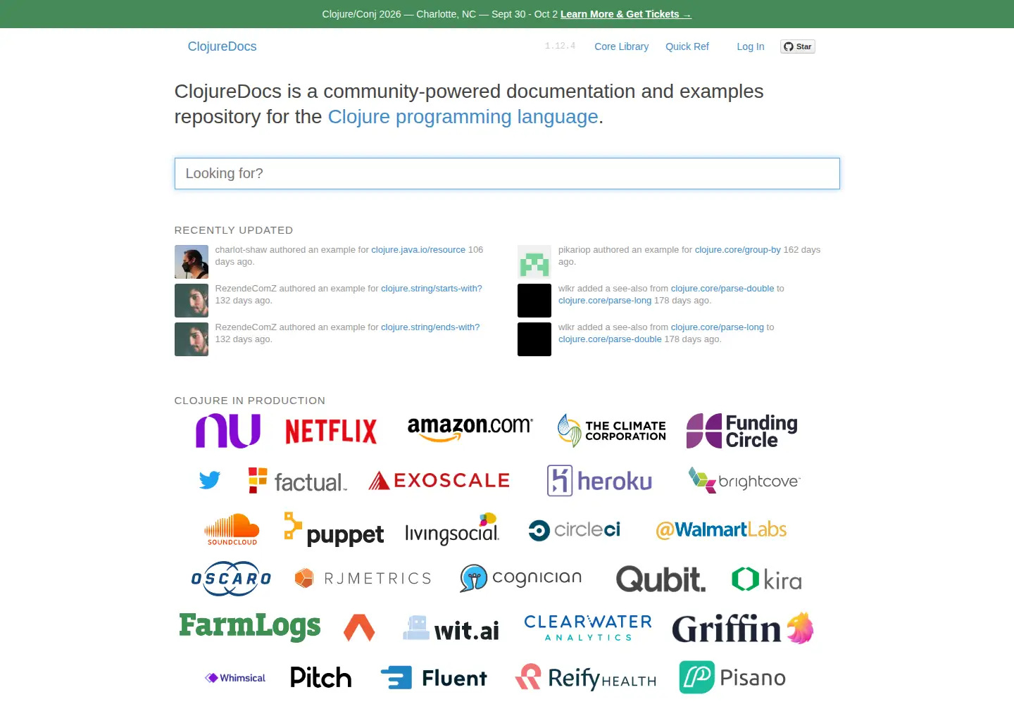 Screenshot of clojuredocs.org