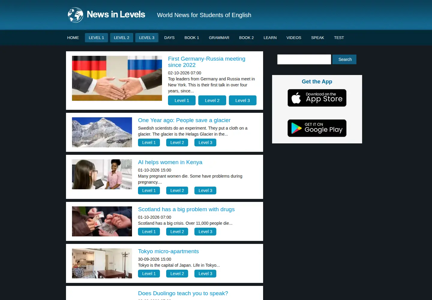 Screenshot of newsinlevels.com