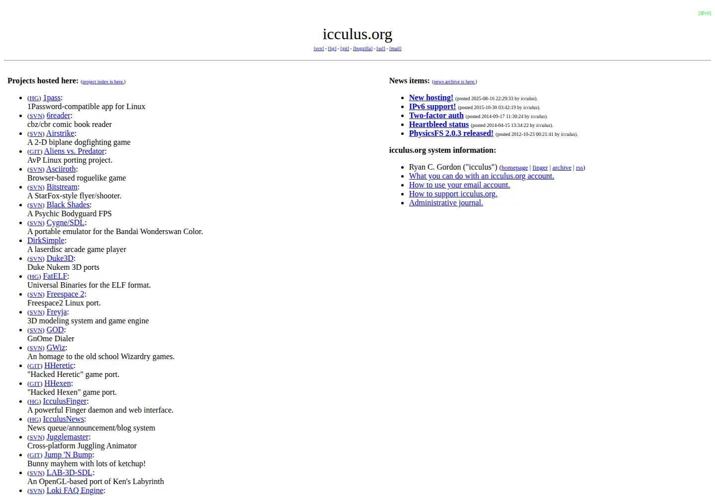 Captured homepage of icculus.org in the current scan