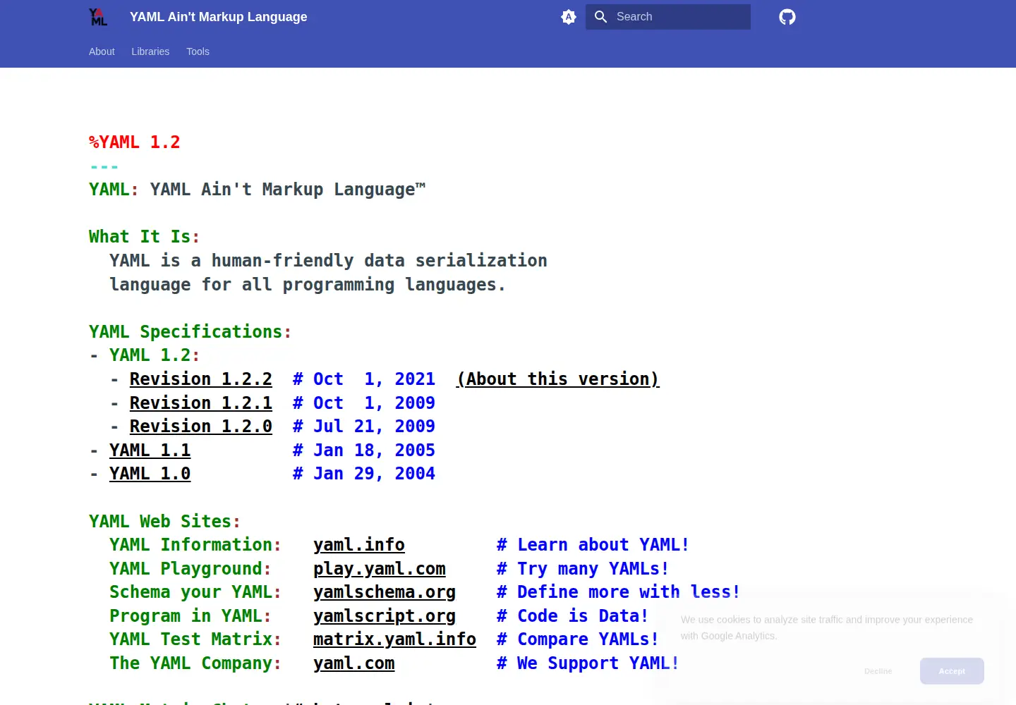 Screenshot of yaml.org