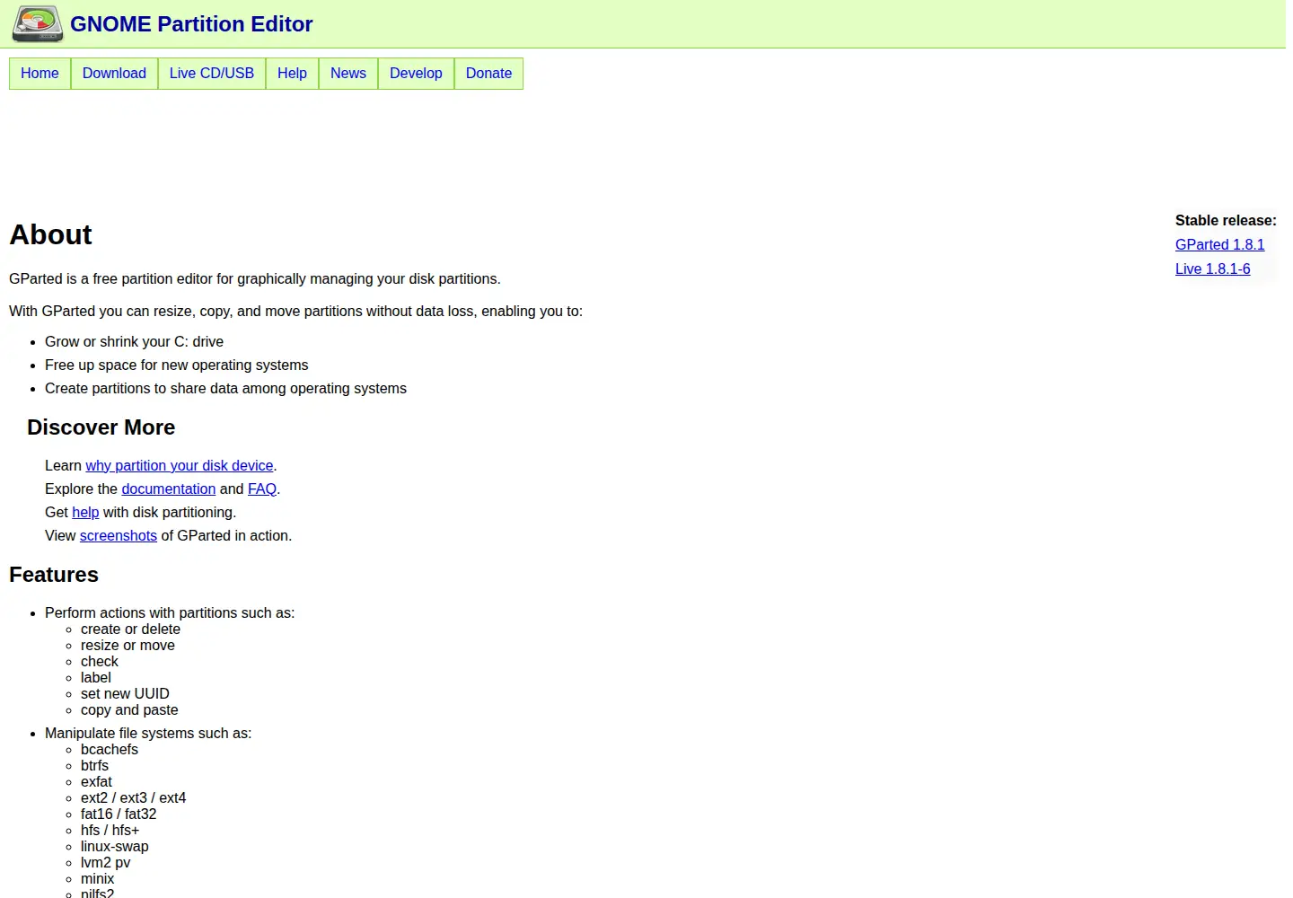 Screenshot of gparted.org