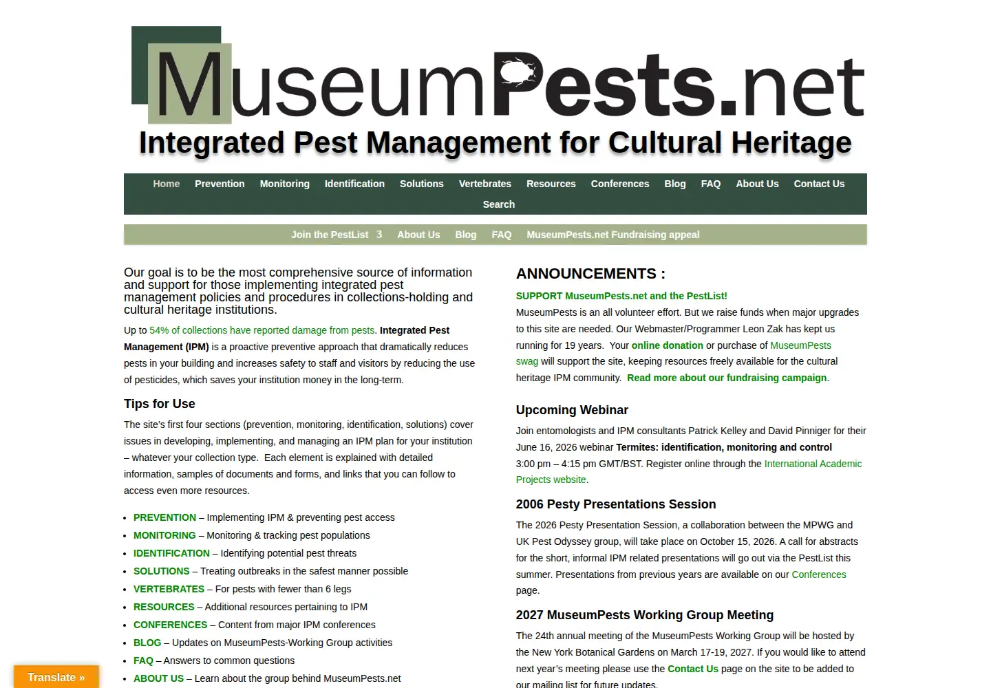 Screenshot of museumpests.net
