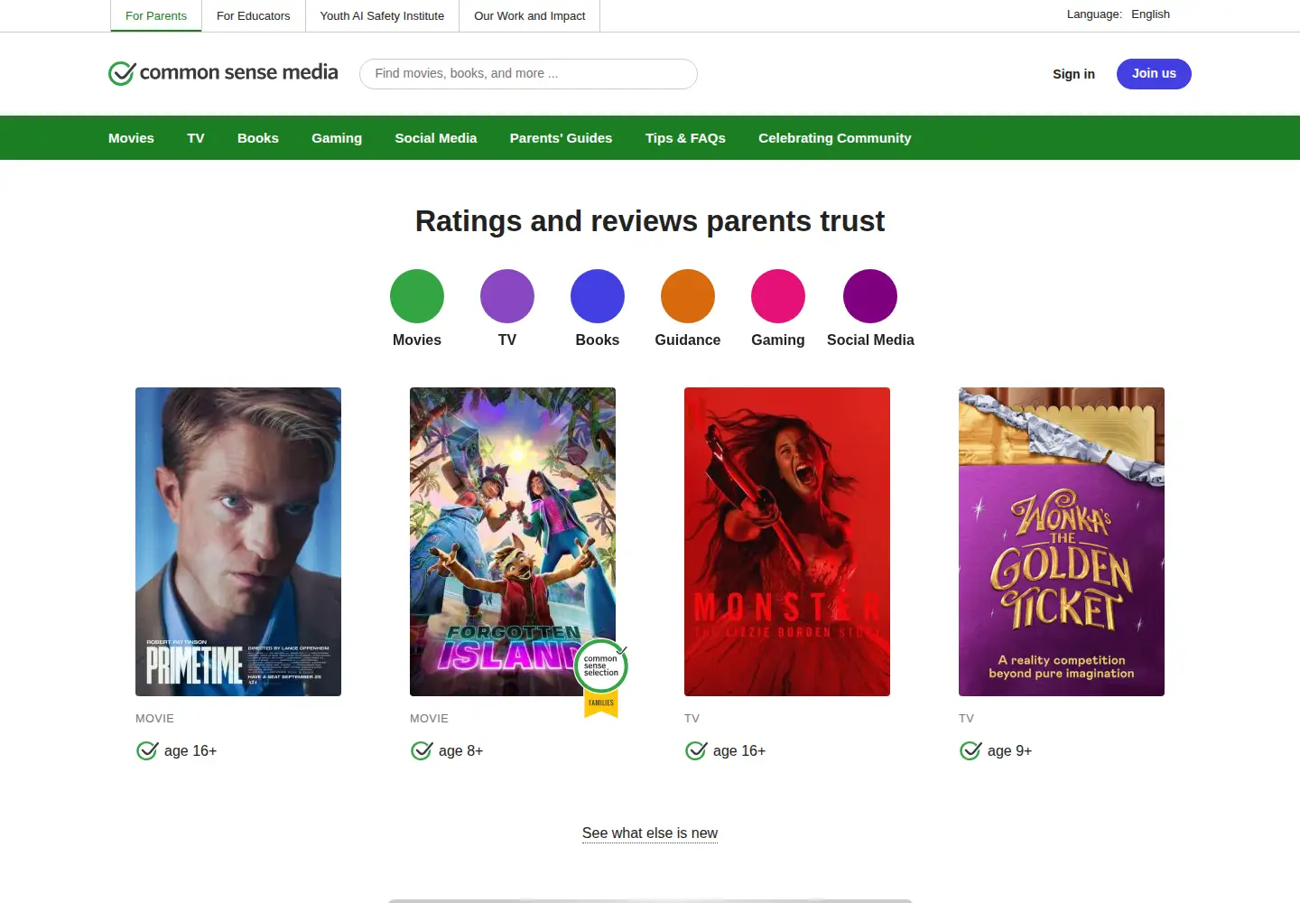 Screenshot of commonsensemedia.org