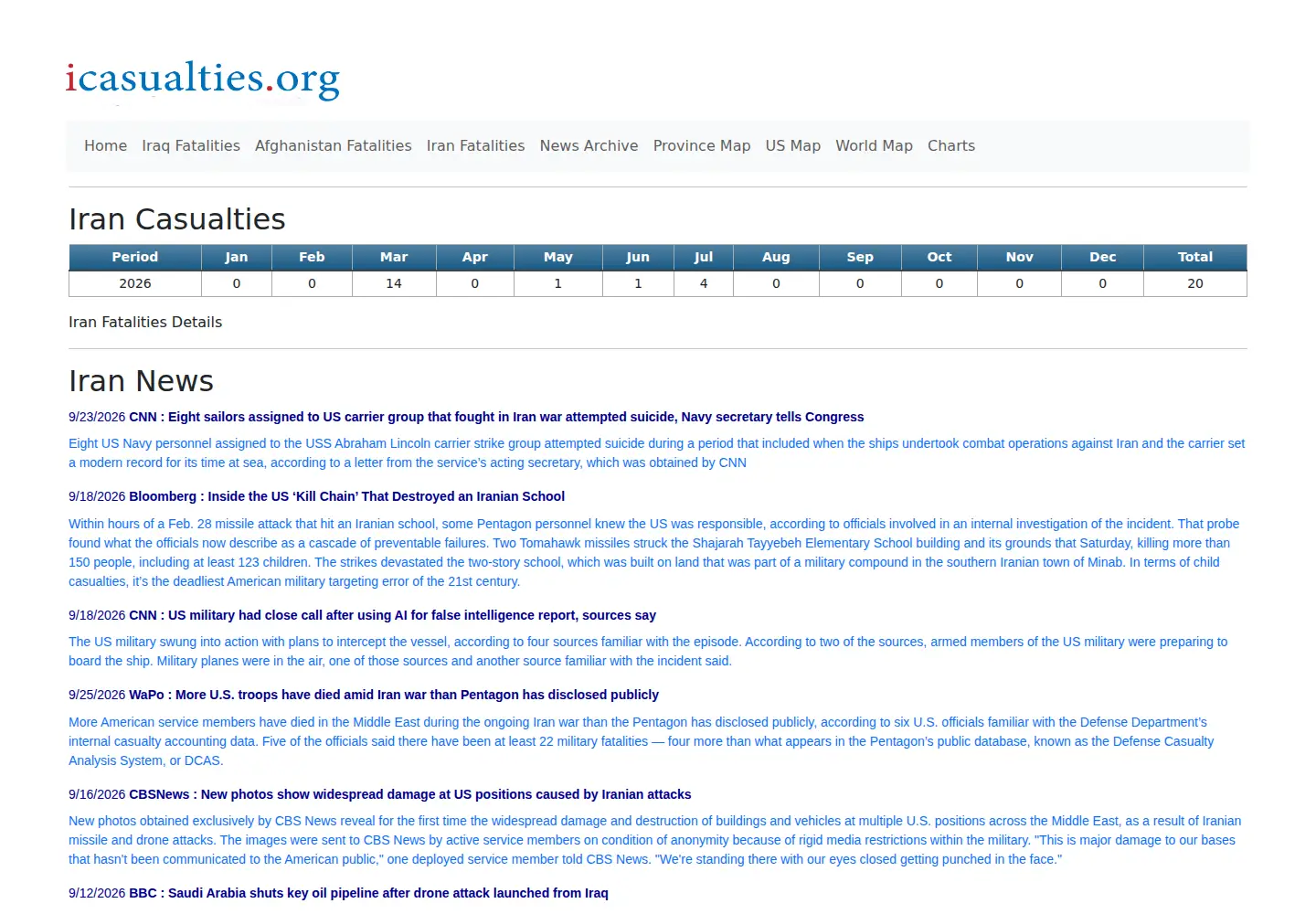 Screenshot of icasualties.org