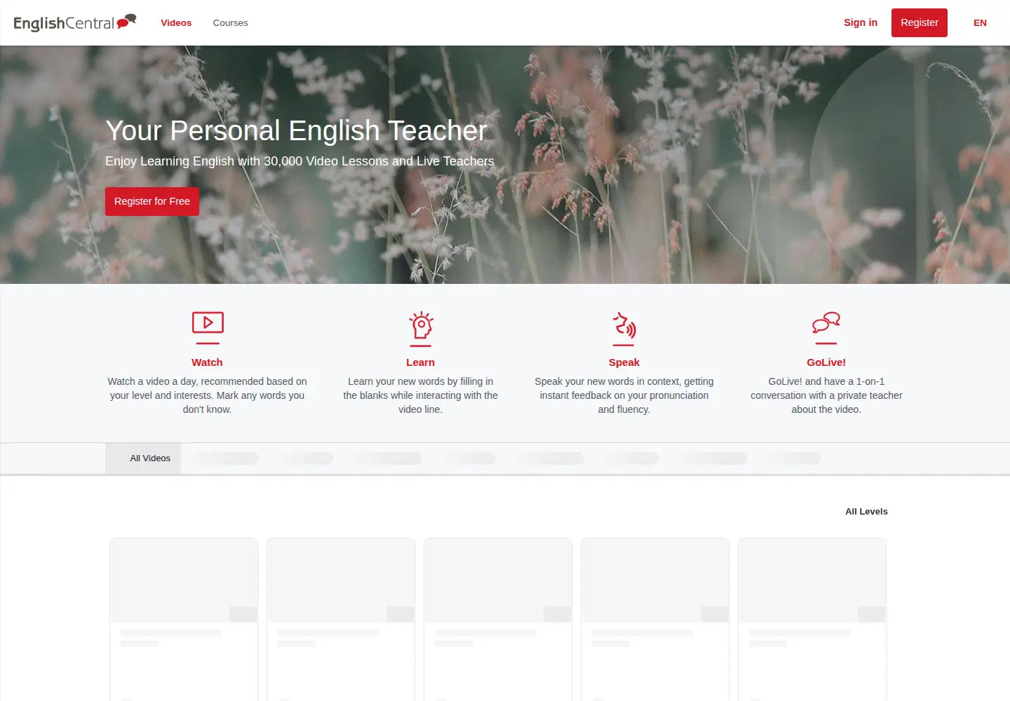 Screenshot of englishcentral.com