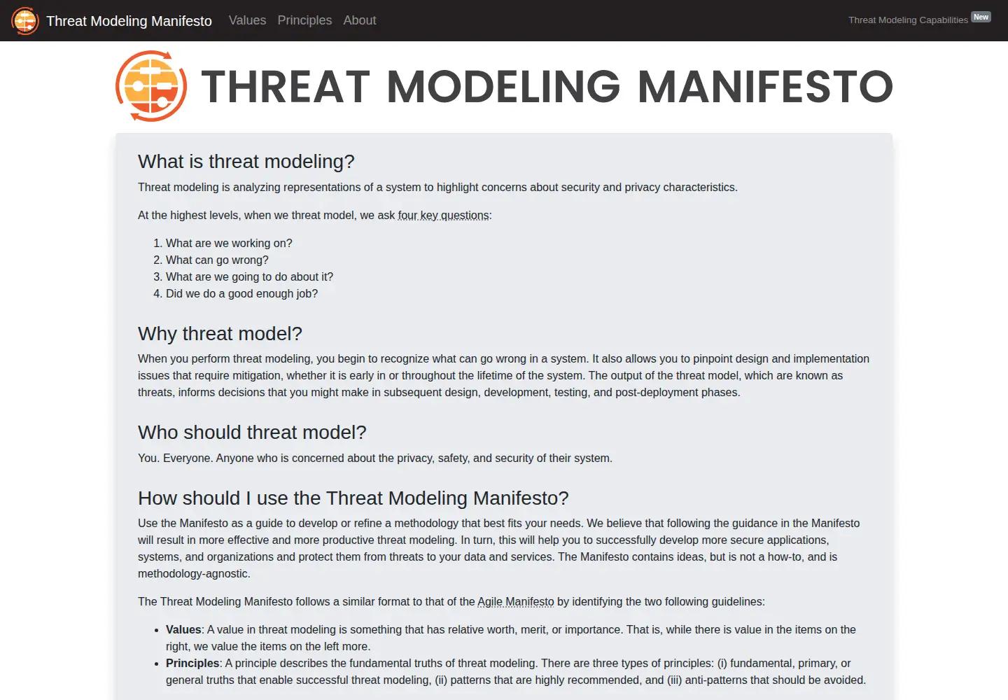 Screenshot of threatmodelingmanifesto.org