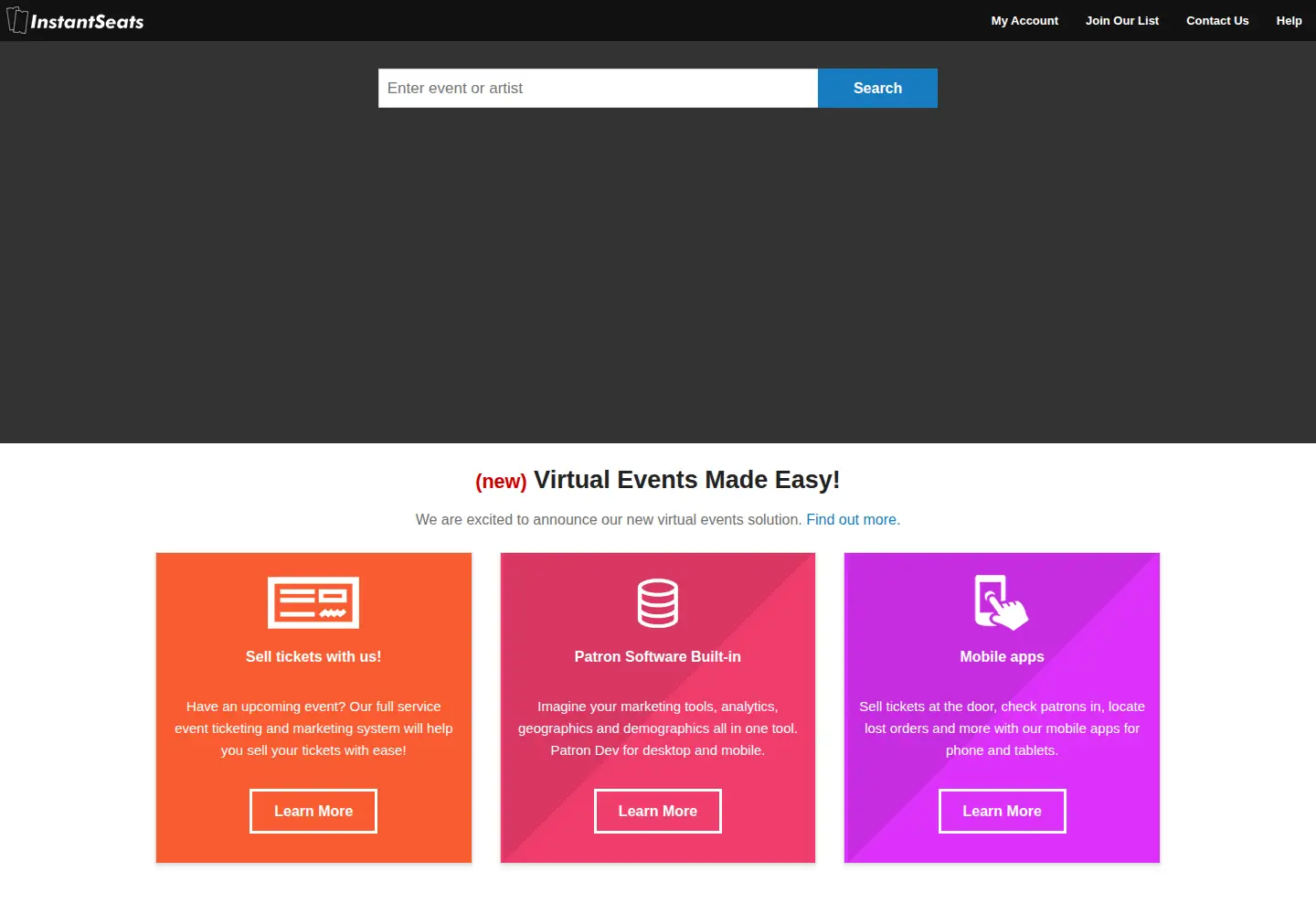 Captured homepage of instantseats.com in the current scan